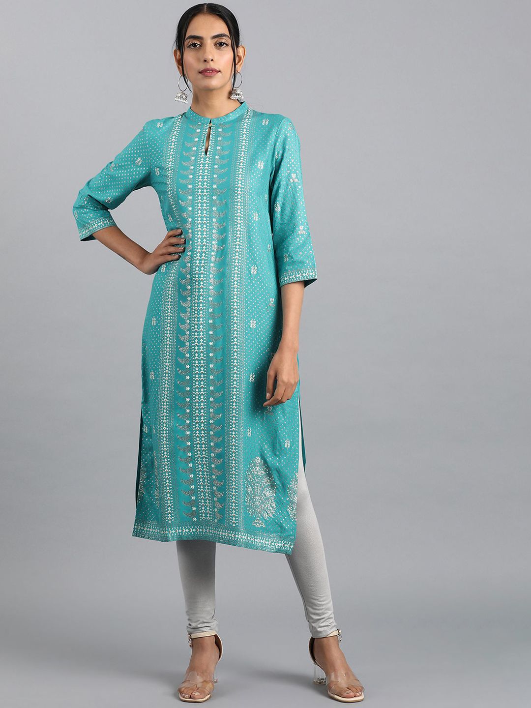W Blue Floral Printed Keyhole Neck Straight Kurta
