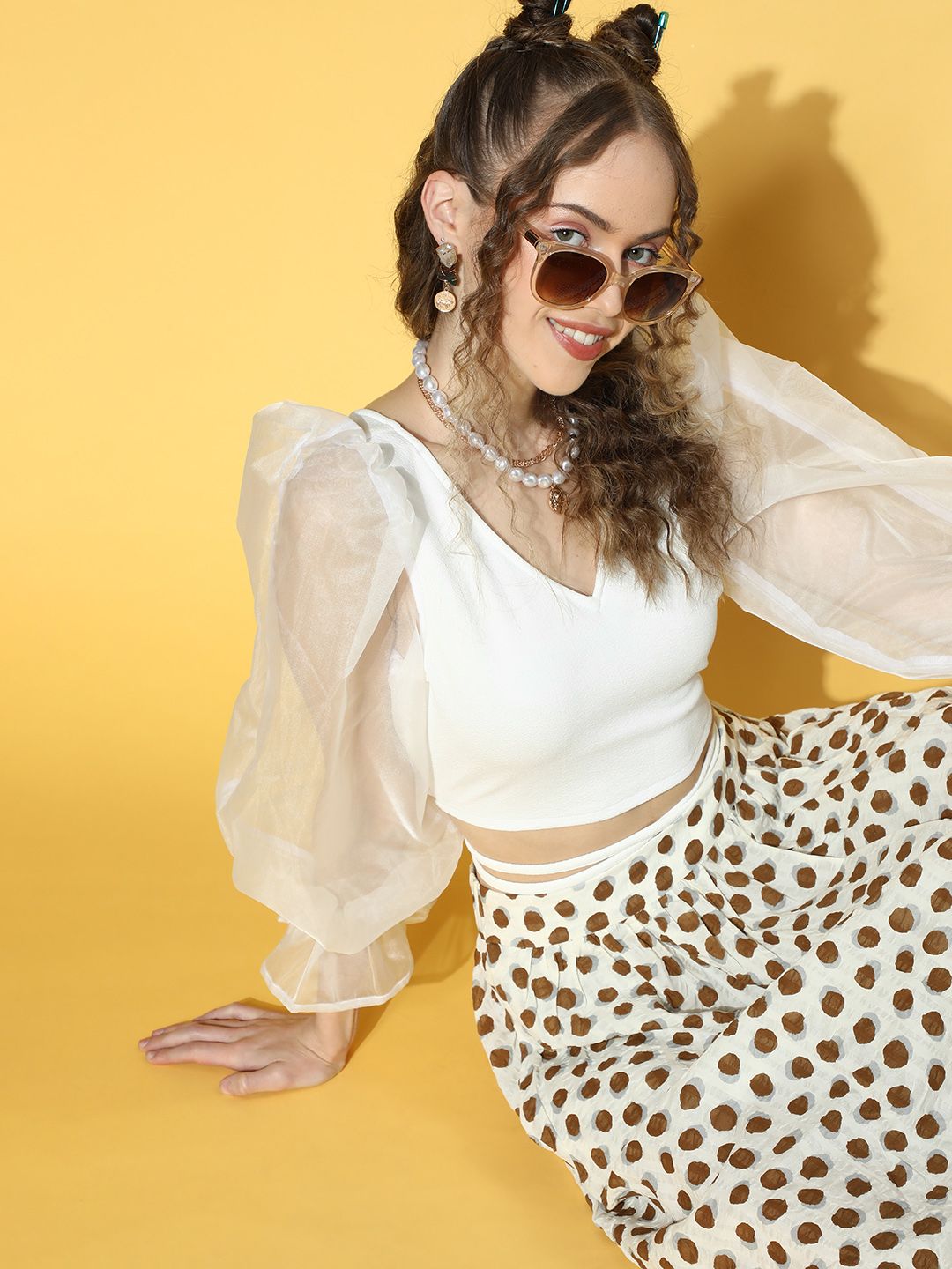 Athena Women Classic White Self-Design Puff Sleeves Top