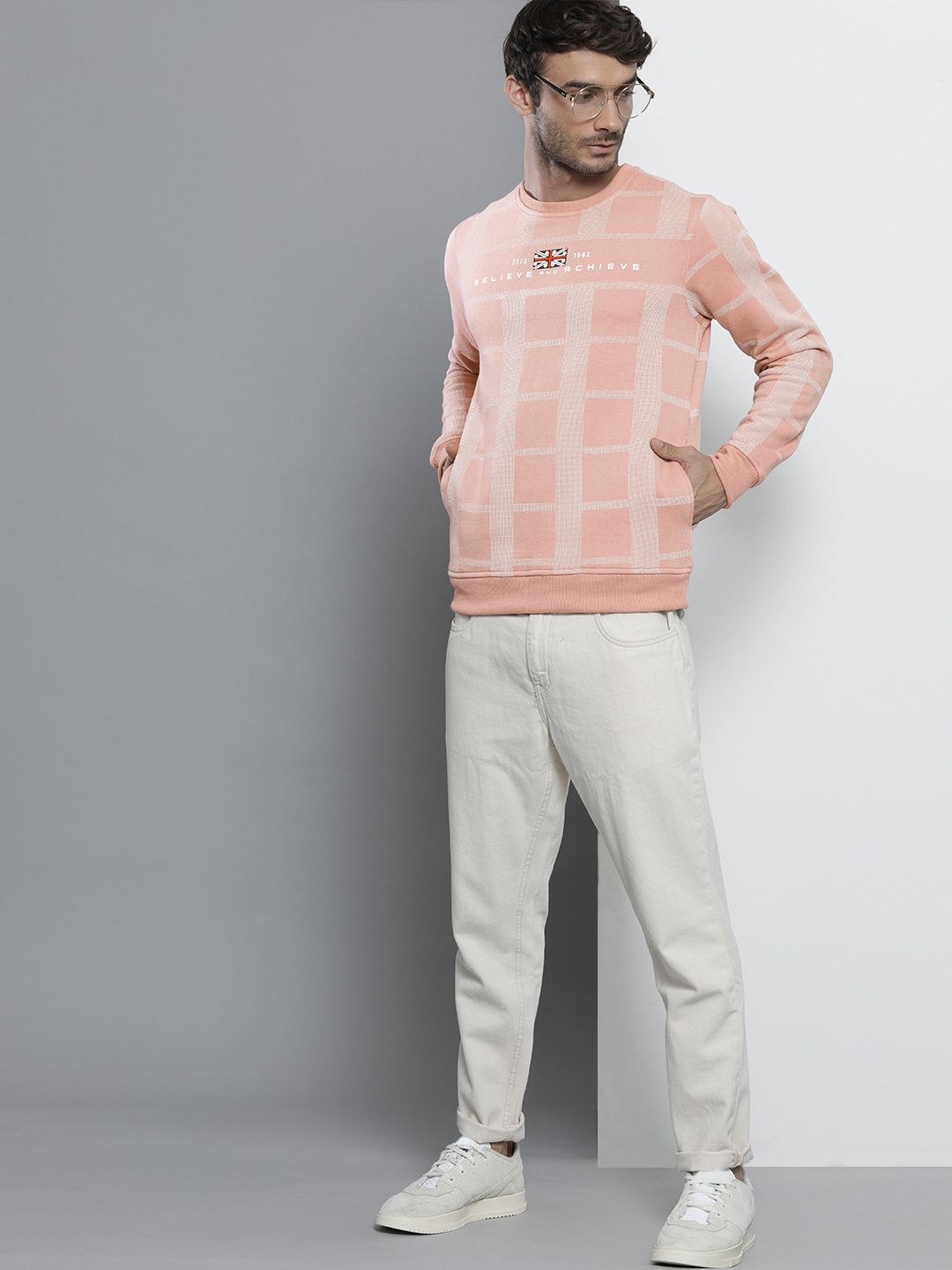 The Indian Garage Co Men Pink Checked Sweatshirt