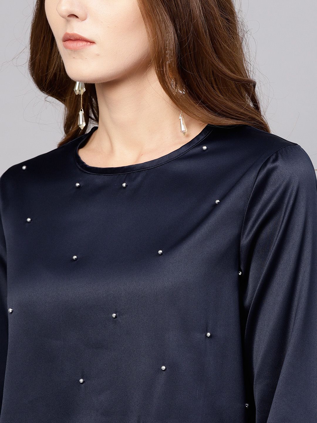 STREET 9 Women Navy Blue Satin Embellished Top