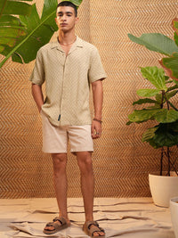 HIGHLANDER Men Dobby Textured Solid Cuban Collar Relaxed Shirt