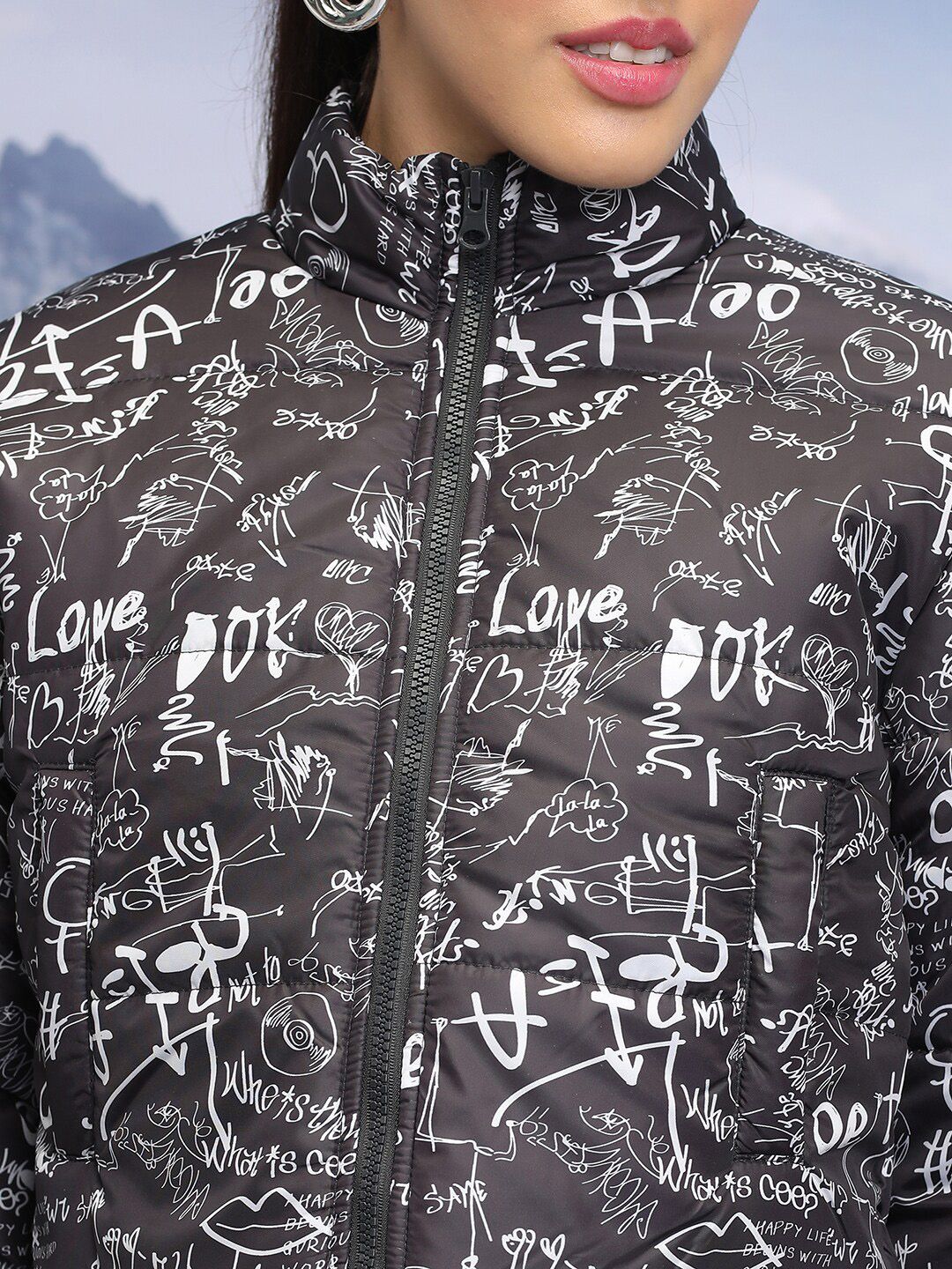 Tokyo Talkies Black Typography Printed Crop Puffer Jacket