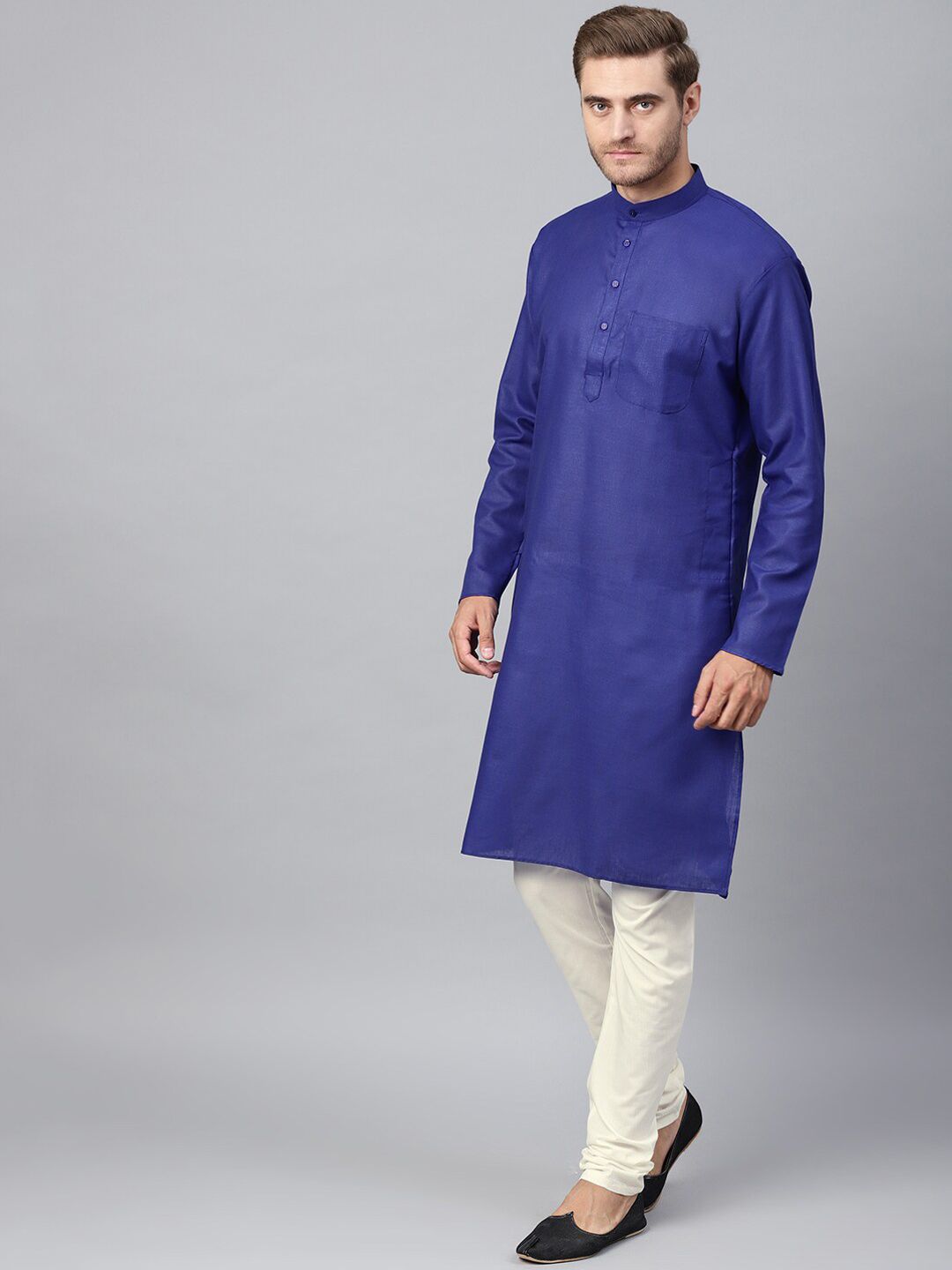 SOJANYA Kolar Mandarin Patch Poket Linen Kapas Lurus Kurta