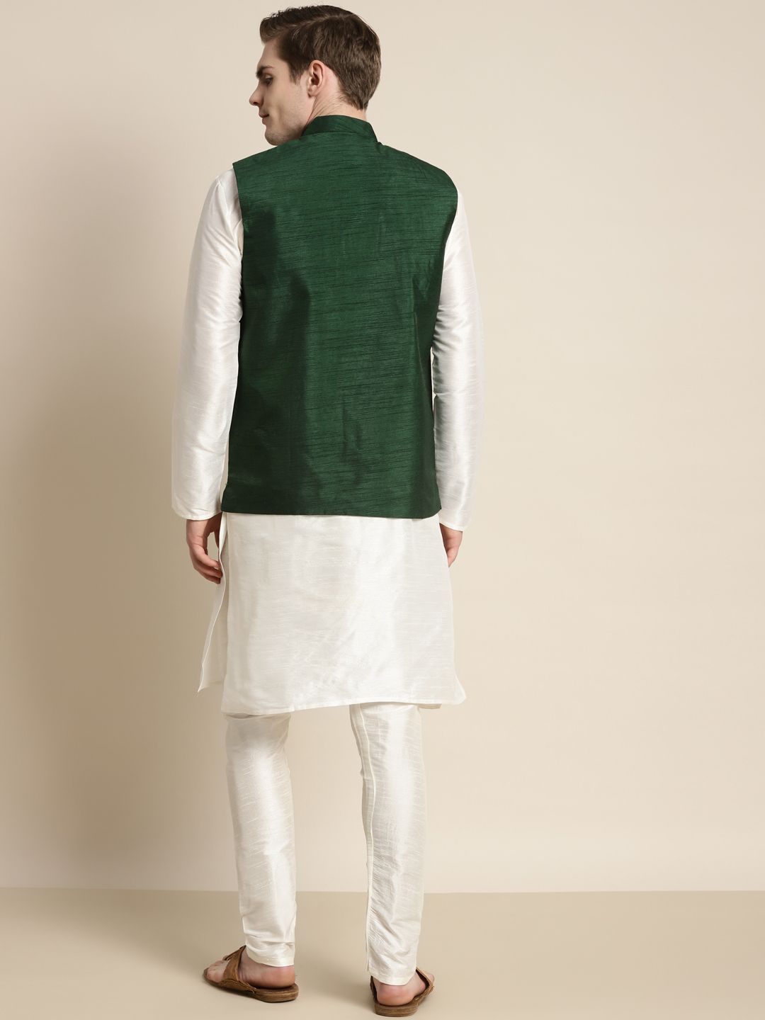SOJANYA Men Off White Embroidered Mirror Work Kurta with Churidar