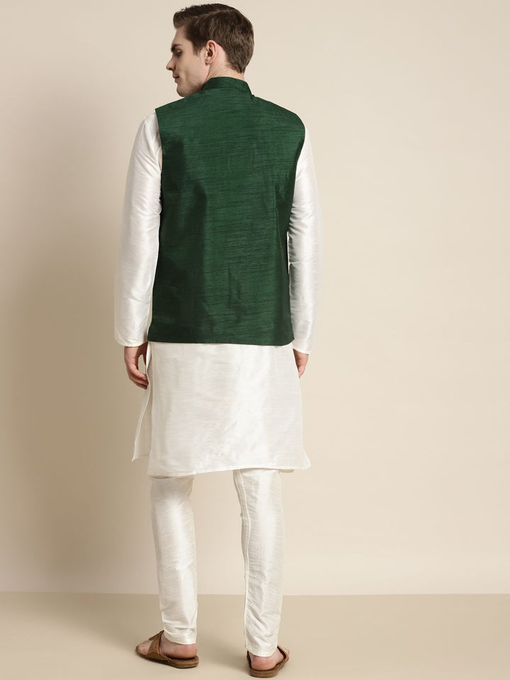 SOJANYA Men Off White Bordir Cermin Kerja Kurta dengan Churidar