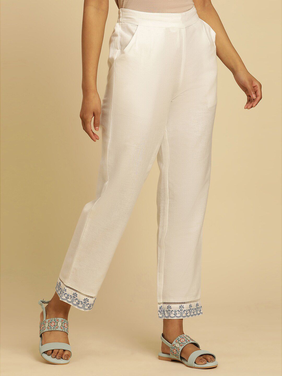 W Women Off White Straight Fit Ethnic Trouser