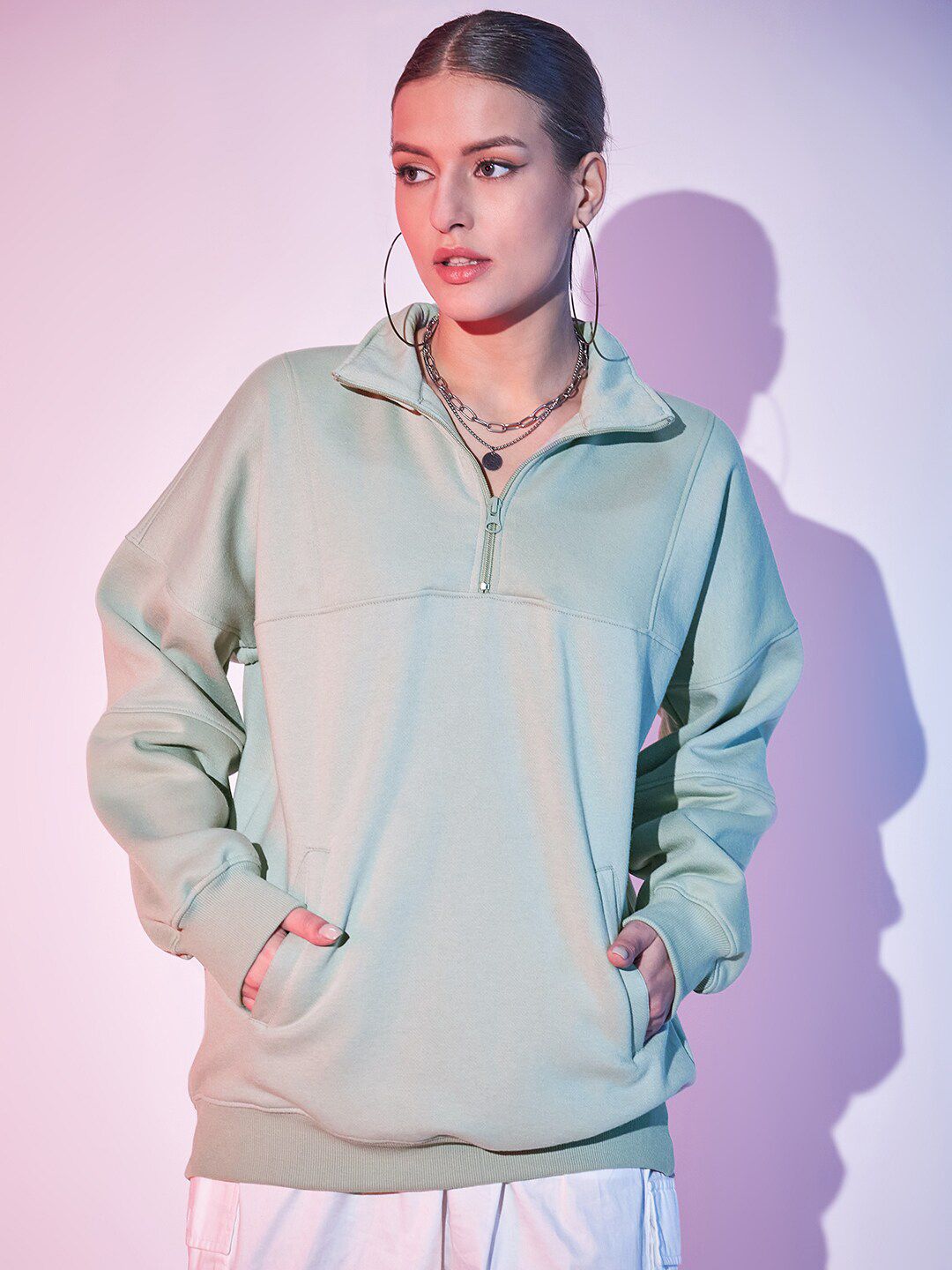 STREET 9 Typography Printed Mock Collar Half Zipper Fleece & Cotton Pullover Sweatshirt
