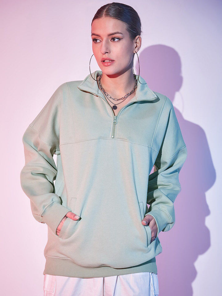 STREET 9 Typography Printed Mock Collar Half Zipper Fleece & Cotton Pullover Sweatshirt