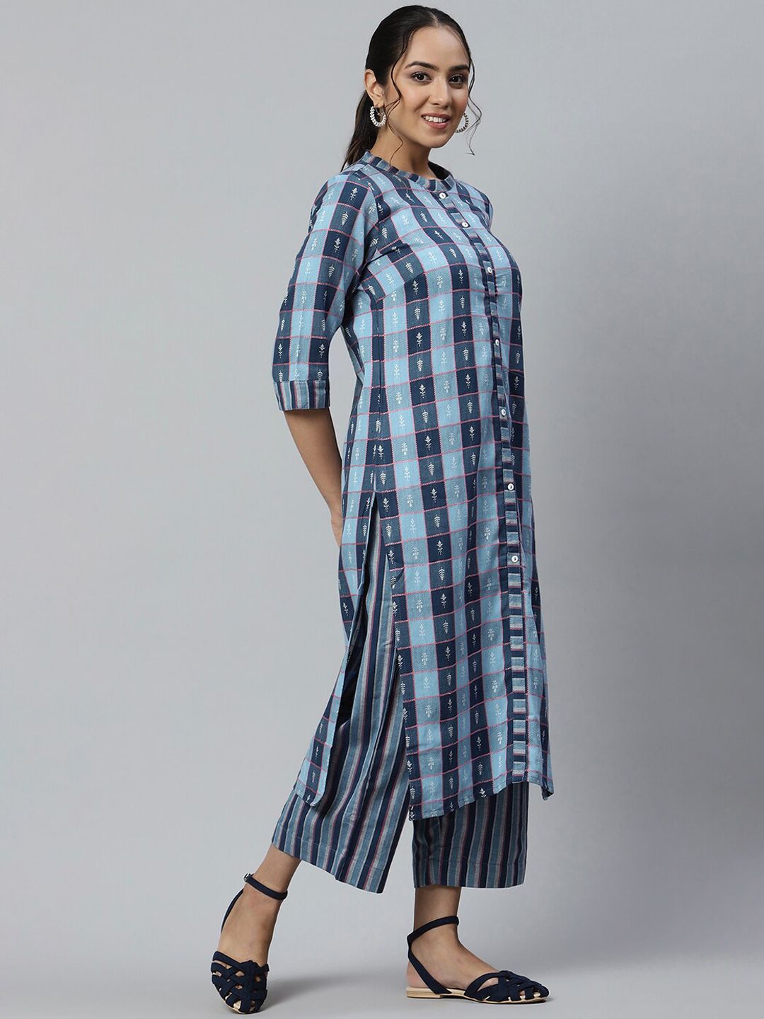 AURELIA Women Blue Printed Chanderi Cotton Kurta Set