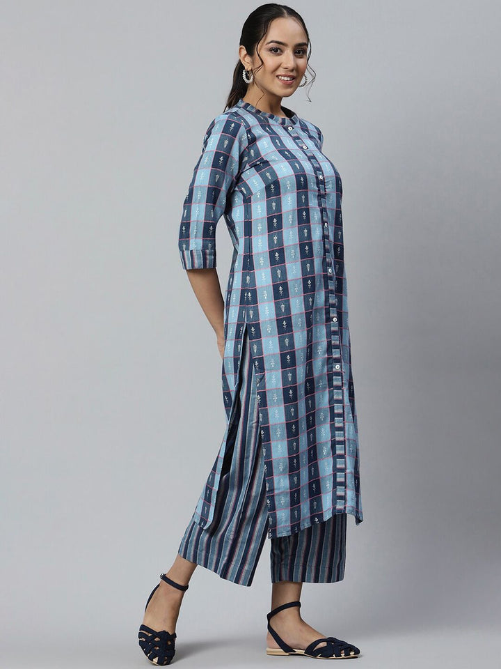 AURELIA Women Blue Printed Chanderi Cotton Kurta Set