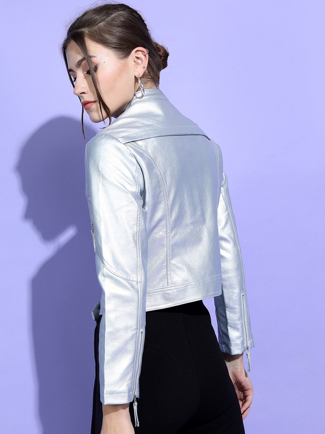Tokyo Talkies Women Silver Crop Biker Jacket