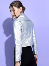 Tokyo Talkies Women Silver Crop Biker Jacket