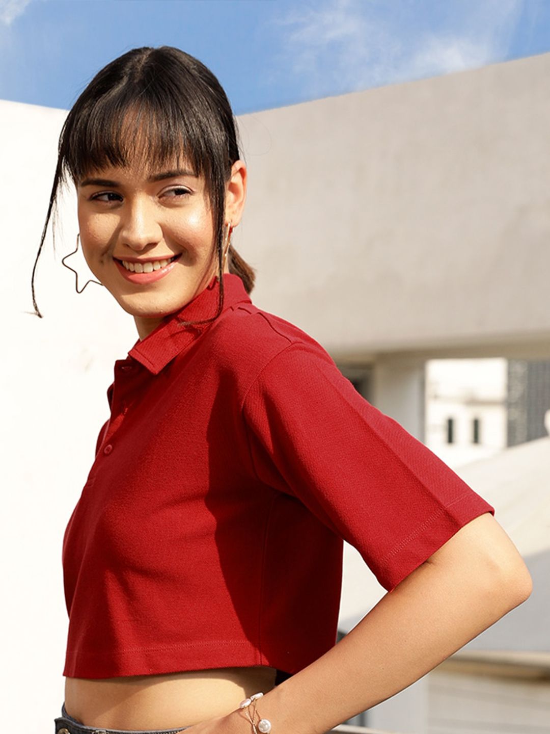 STREET 9 Red Polo Collar Drop Shoulder Sleeves Crop Pure Cotton Oversized T-shirt