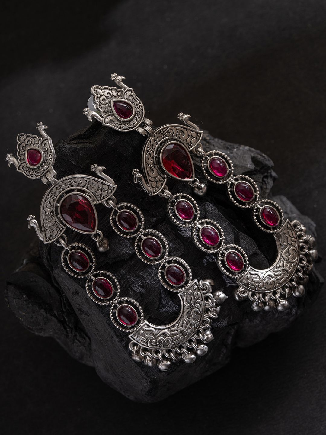PANASH Silver-Plated Stones Studded And Beaded Contemporary Shaped Oxidized Drop Earrings