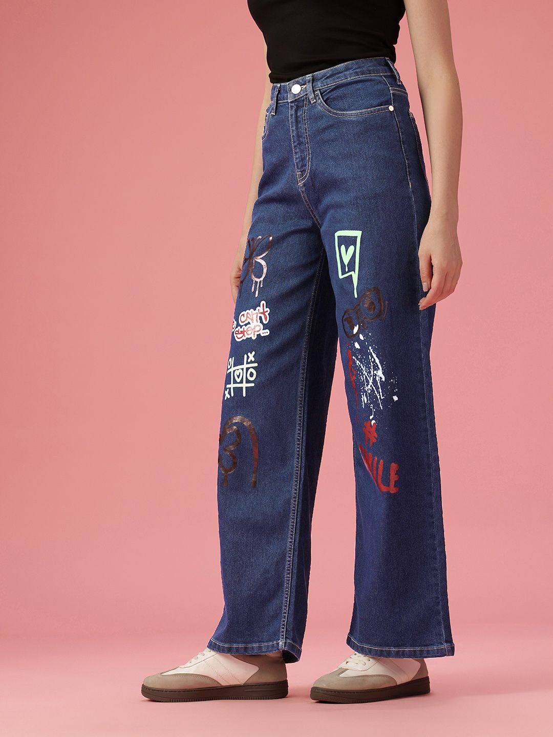 DressBerry Women Wide Leg High-Rise Printed Stretchable Jeans