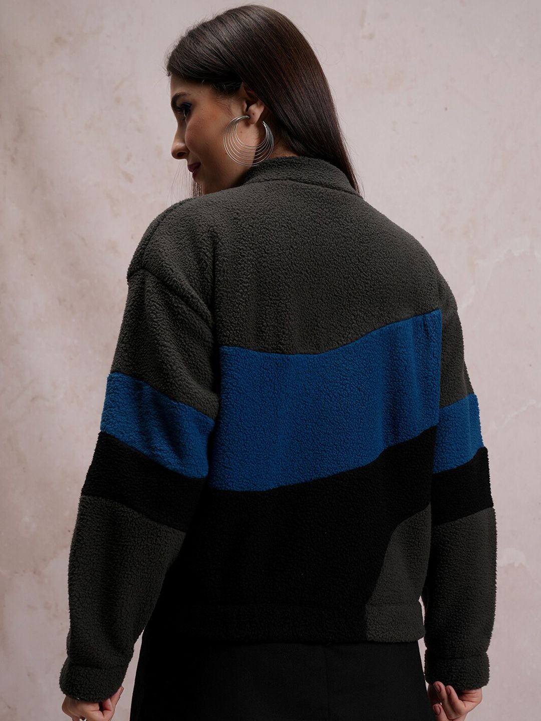 Tokyo Talkies Grey Colourblocked Mock Collar Front-Open Sweatshirt
