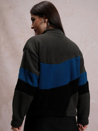 Tokyo Talkies Grey Colourblocked Mock Collar Front-Open Sweatshirt