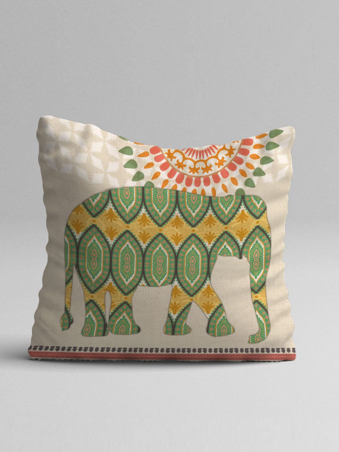 STITCHNEST Set Of 5 Green & White Ethnic Motifs Jute Cotton Square Cushion Covers