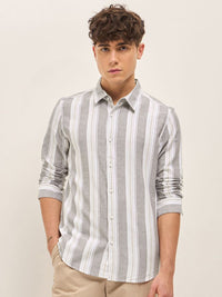 THE BEAR HOUSE Men Spread Collar Vertical Striped Cotton Slim Fit Casual Shirt