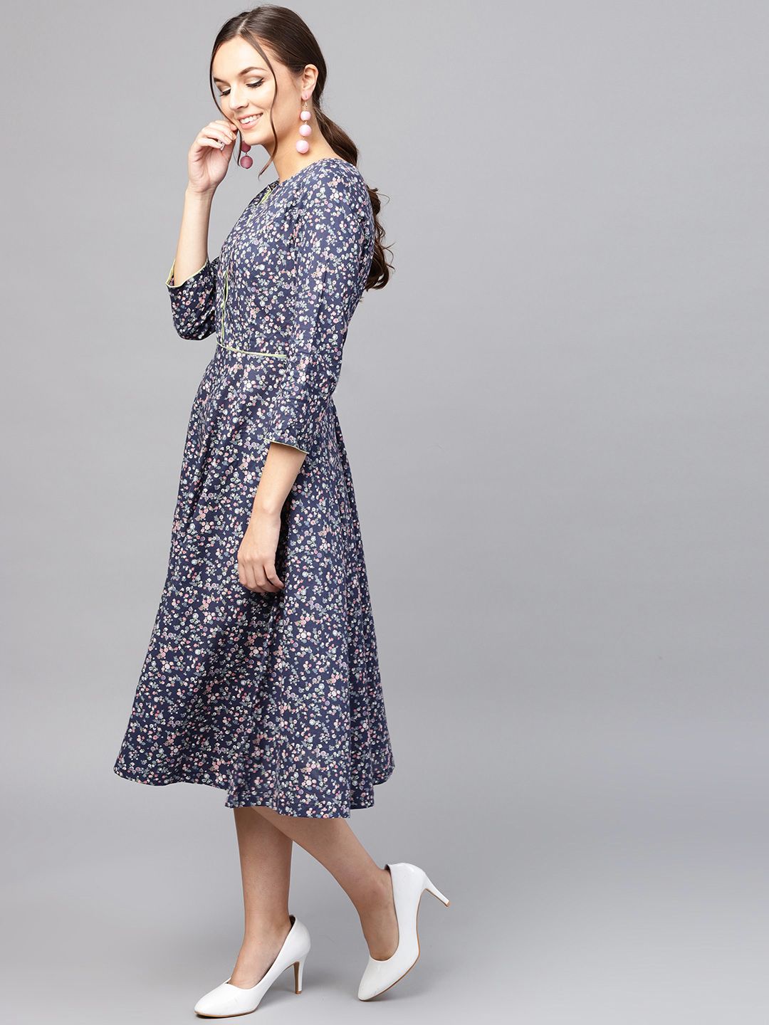 SASSAFRAS Navy Blue & Pink Floral Printed Cotton Fit and Flare Dress