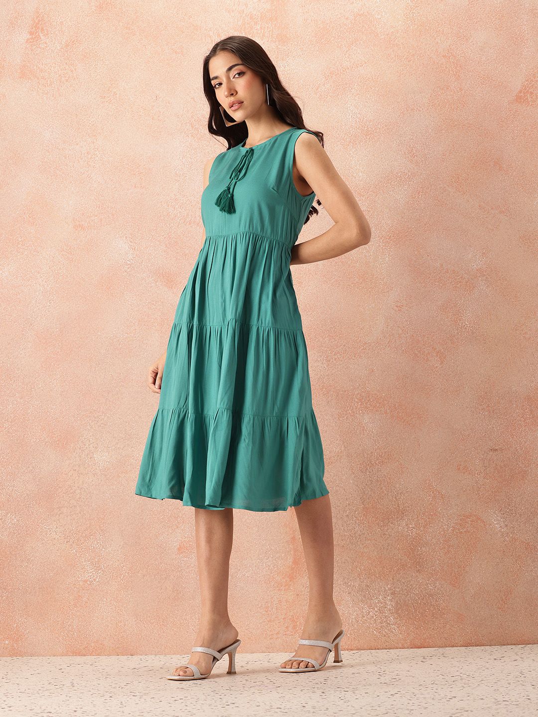 all about you Tie-Up Neck A-Line Tiered Midi Dress