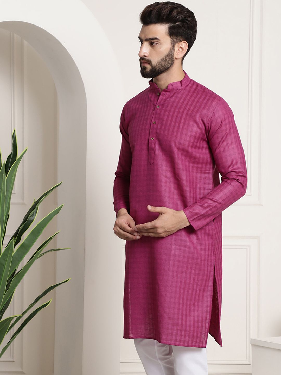 SOJANYA Men Cotton Linen Checked Straight Kurta