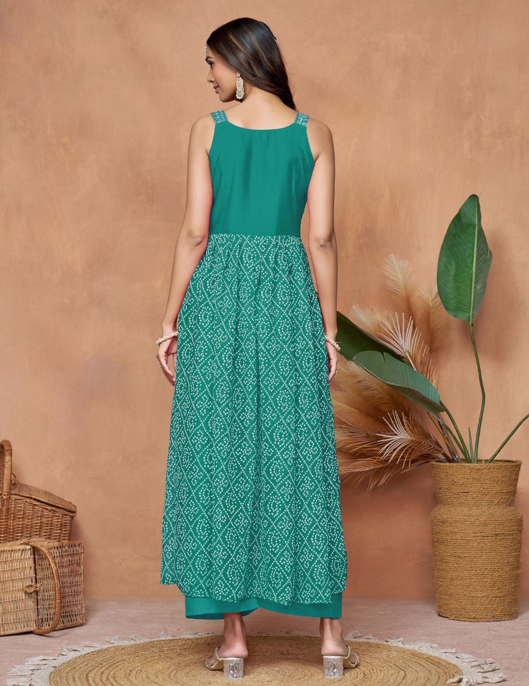 KALINI Georgette Bandhani Printed Square Neck Zari Work Embroidery Anarkali Kurta
