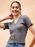 SASSAFRAS BASICS Short Sleeves Cotton Shirt Style Crop Top