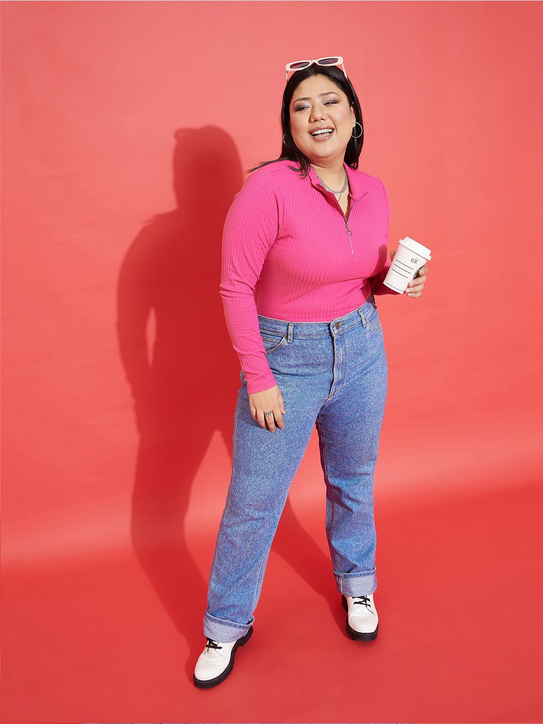 SASSAFRAS Curve Plus Size Self Design Shirt Collar Front Zip Detail Top