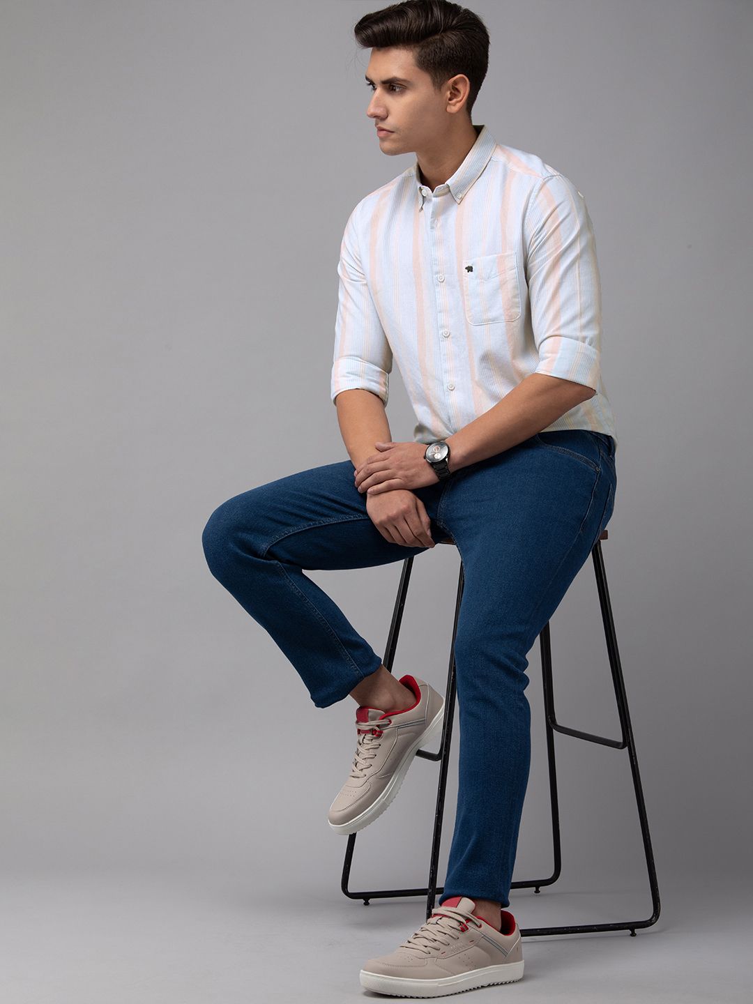 THE BEAR HOUSE Men Blue Slim Fit Pinstripes Striped Casual Shirt