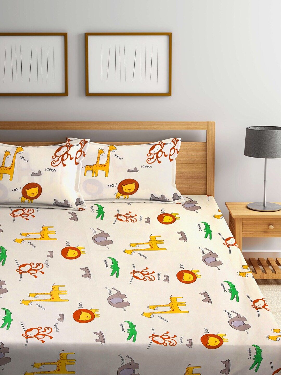 Multicoloured Cartoon Printed 300 TC 1 King Bedsheet with 2 Pillow Covers