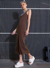 SASSAFRAS Brown Square Neck Sheath Midi Dress