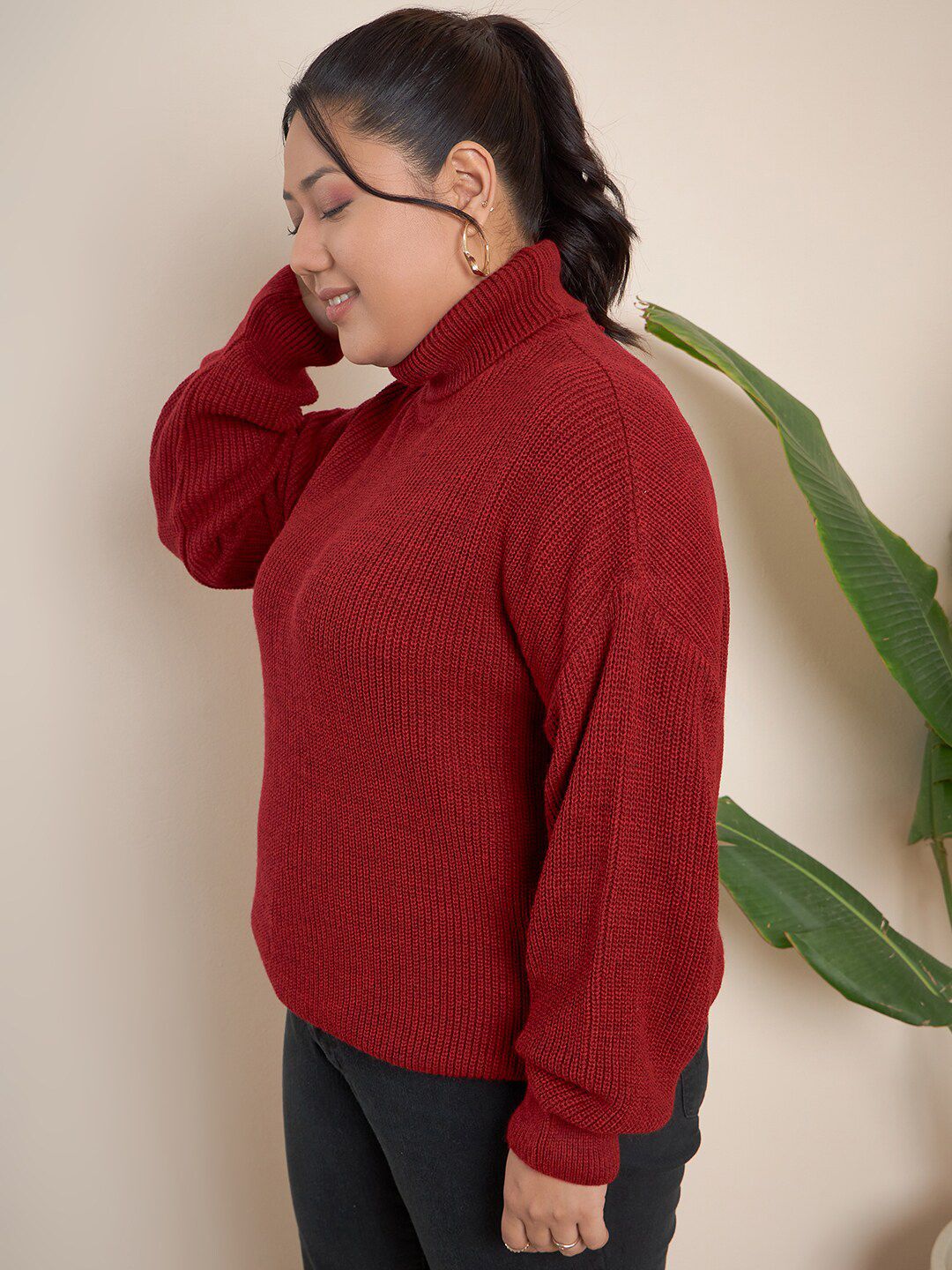 CURVY STREET Plus Size Ribbed Turtle Neck Pure Acrylic Pullover