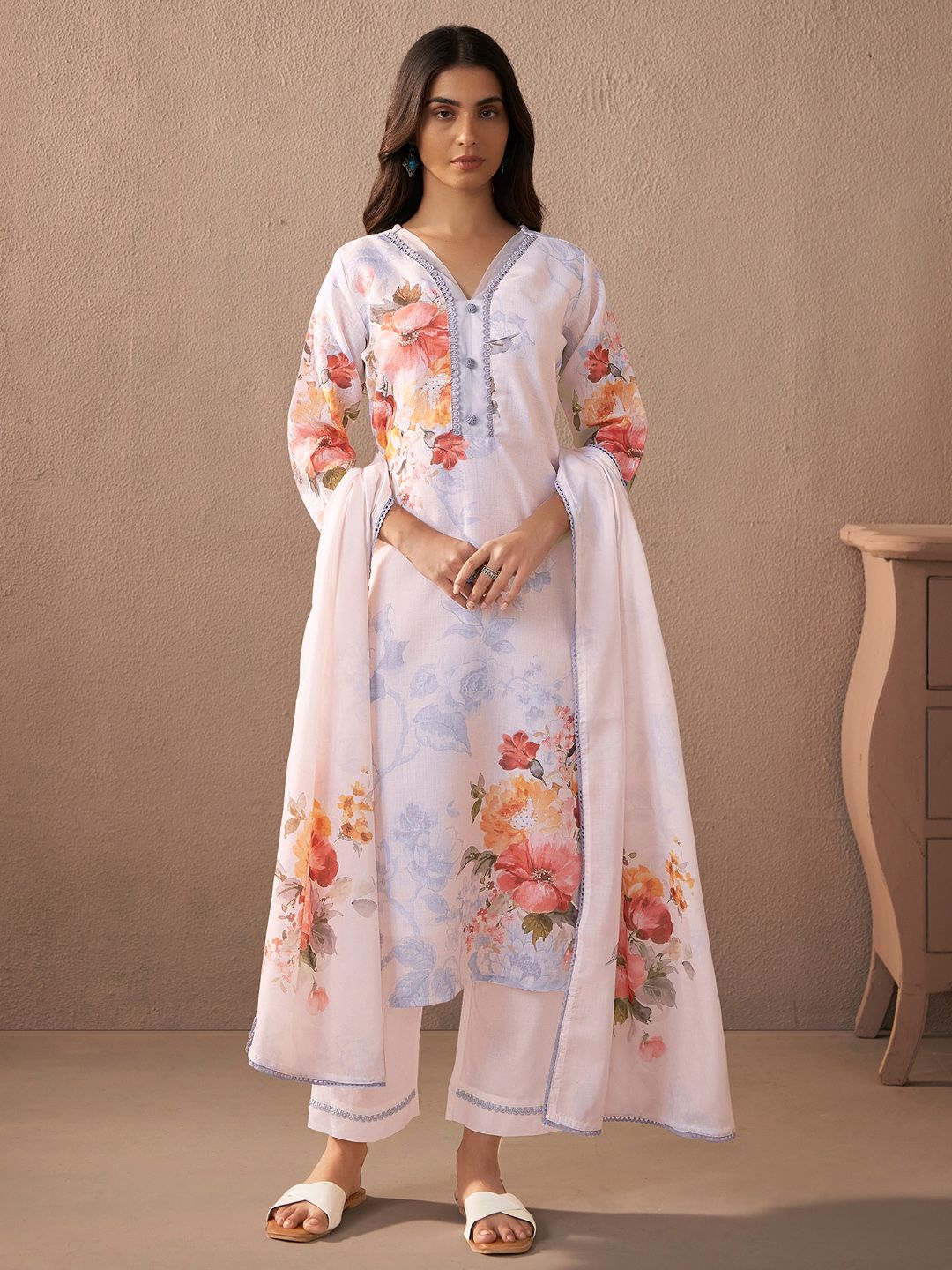 Indo Era Floral Printed Beads And Stones Linen Kurta Wiith Trousers And Dupatta