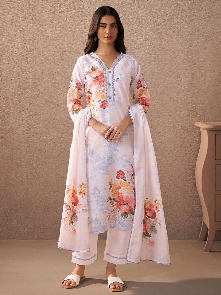 Indo Era Floral Printed Beads And Stones Linen Kurta Wiith Trousers And Dupatta