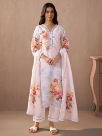 Indo Era Floral Printed Beads And Stones Linen Kurta Wiith Trousers And Dupatta