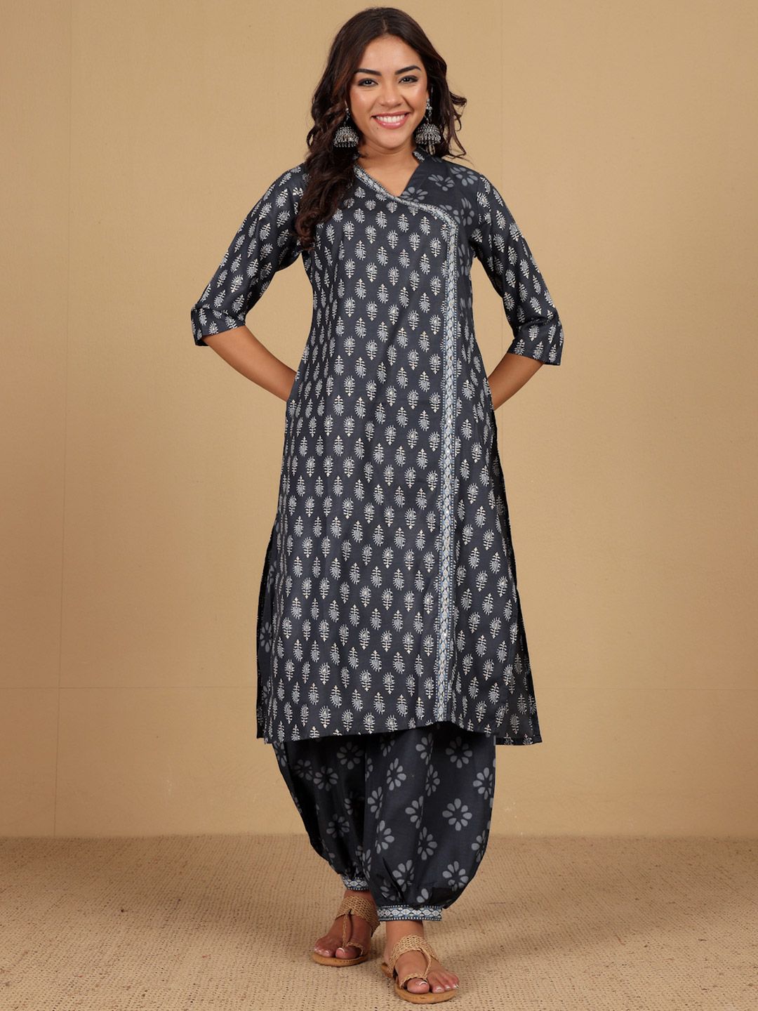 Varanga Floral Printed V-Neck Angrakha Straight Kurta With Salwar And Dupatta