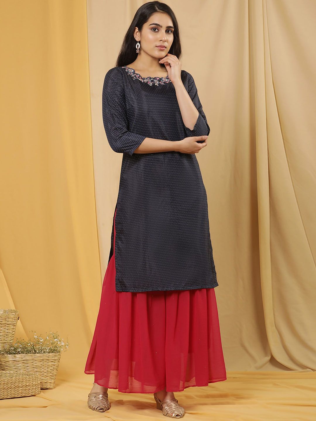 W Printed Regular Thread Work Kurta with Sharara
