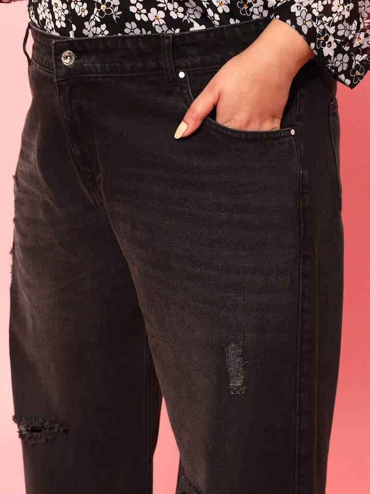 CURVY STREET Plus Size Women Charcoal Comfort Low Distress Pure Cotton Flared Jeans