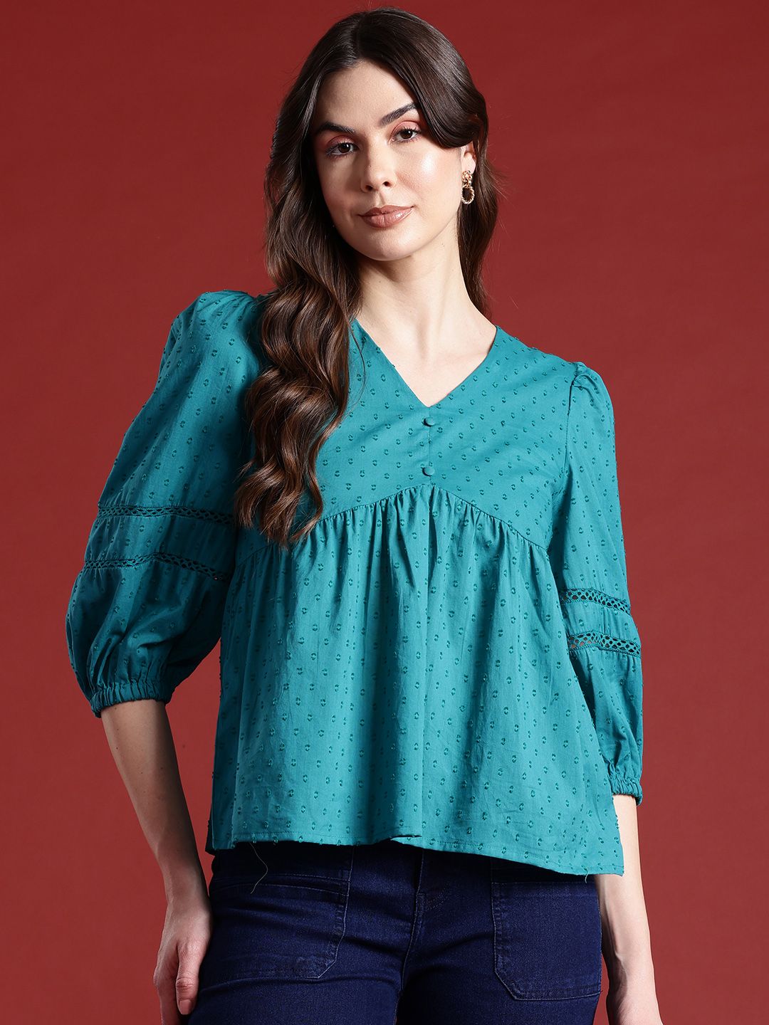 all about you Lace Detailed Puff Sleeves Pure Cotton A-Line Top