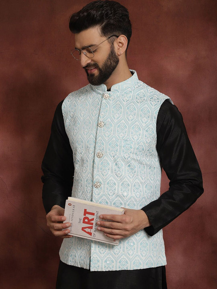 Jaket Nehru Kolar Mandarin Bersulam Biru Anouk