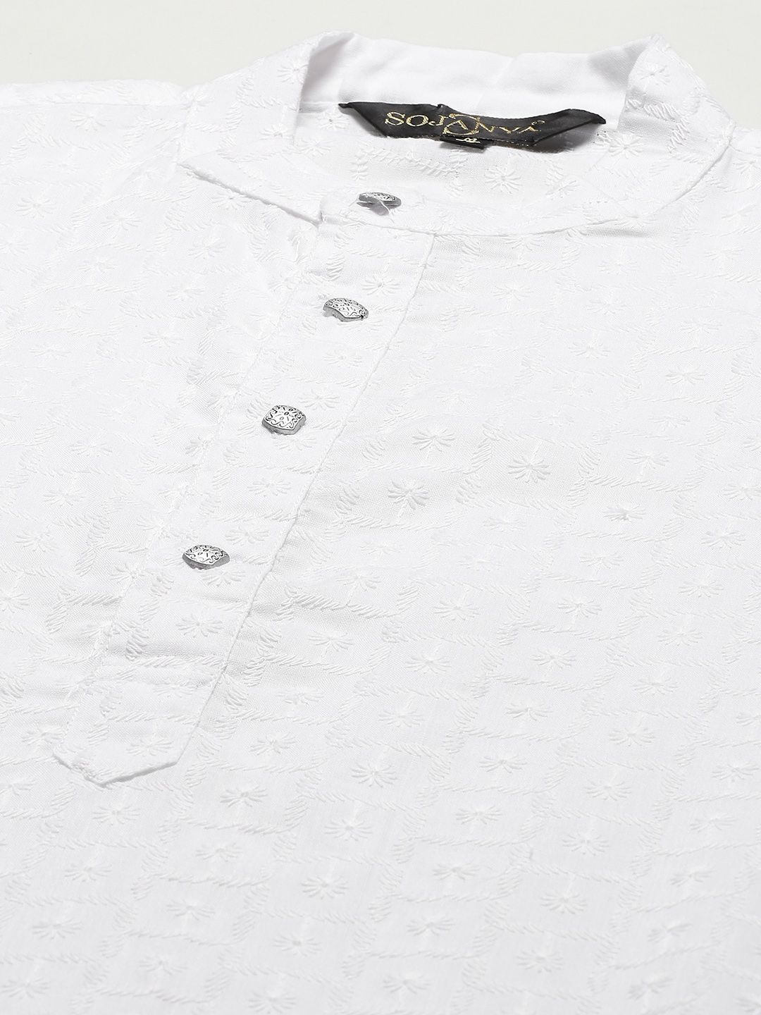 SOJANYA Men White Chikankari Pure Cotton Kurta with Churidar & Nehru Jacket