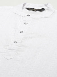 SOJANYA Men White Chikankari Pure Cotton Kurta with Churidar & Nehru Jacket