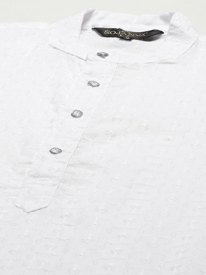 SOJANYA Men White Chikankari Pure Cotton Kurta with Churidar & Nehru Jacket