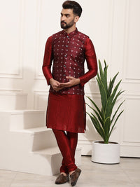 SOJANYA Men Maroon Solid Kurta Set With Printed Jacket
