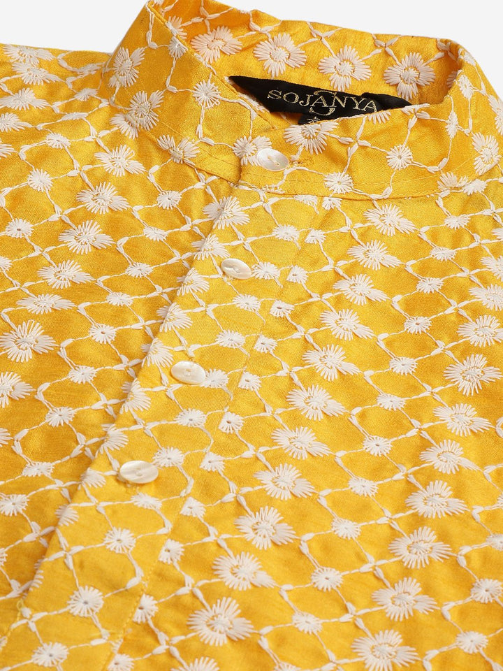 SOJANYA Kurta Sulam Lelaki Kuning & Putih dengan Piyama & Jaket Nehru