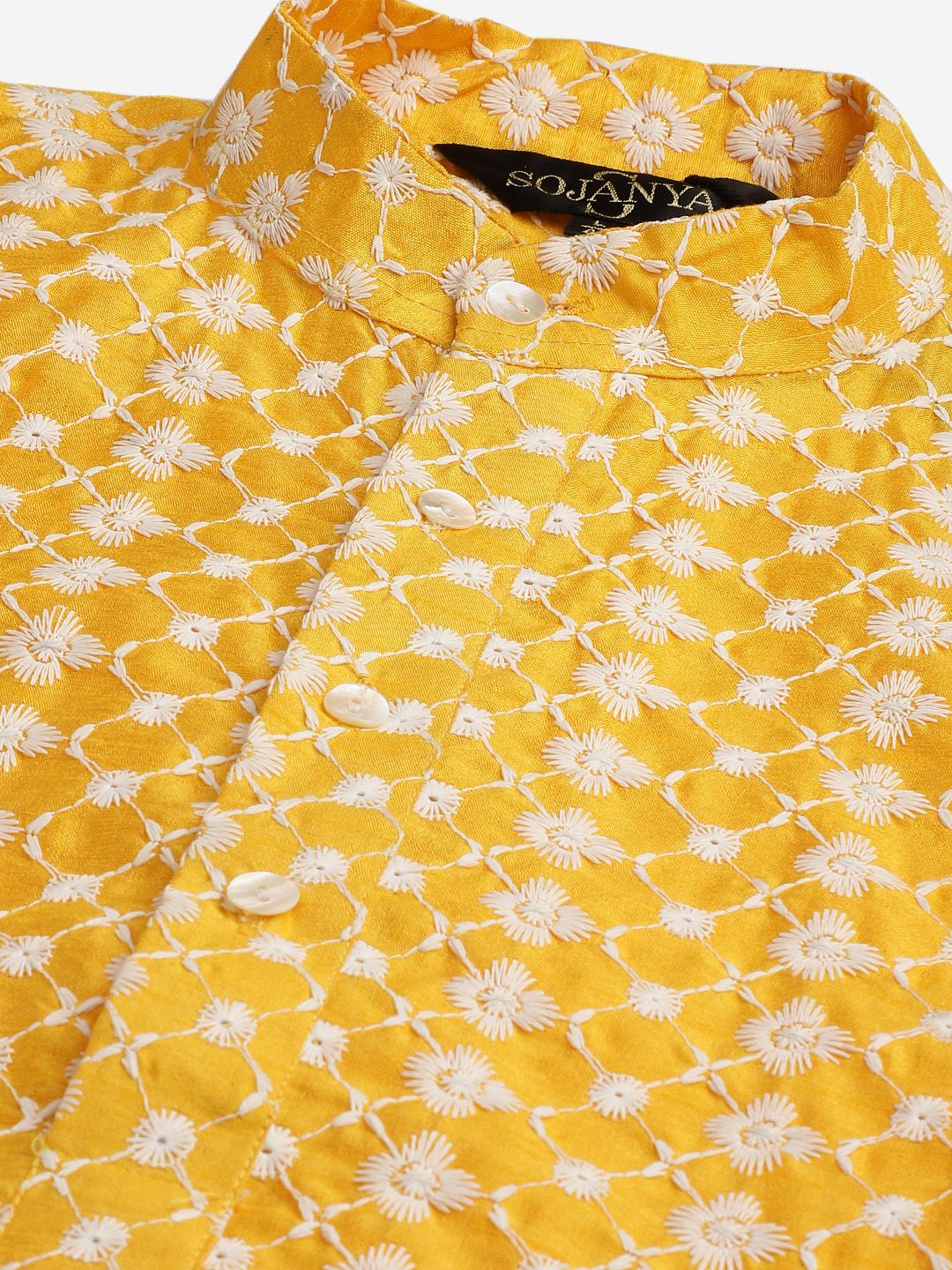 SOJANYA Kurta Sulam Lelaki Kuning & Putih dengan Piyama & Jaket Nehru
