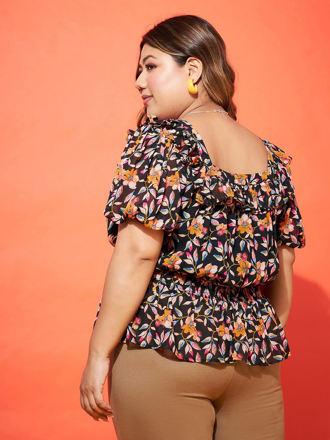 SASSAFRAS Curve Black Floral Print Puff Sleeve Georgette Cinched Waist Top