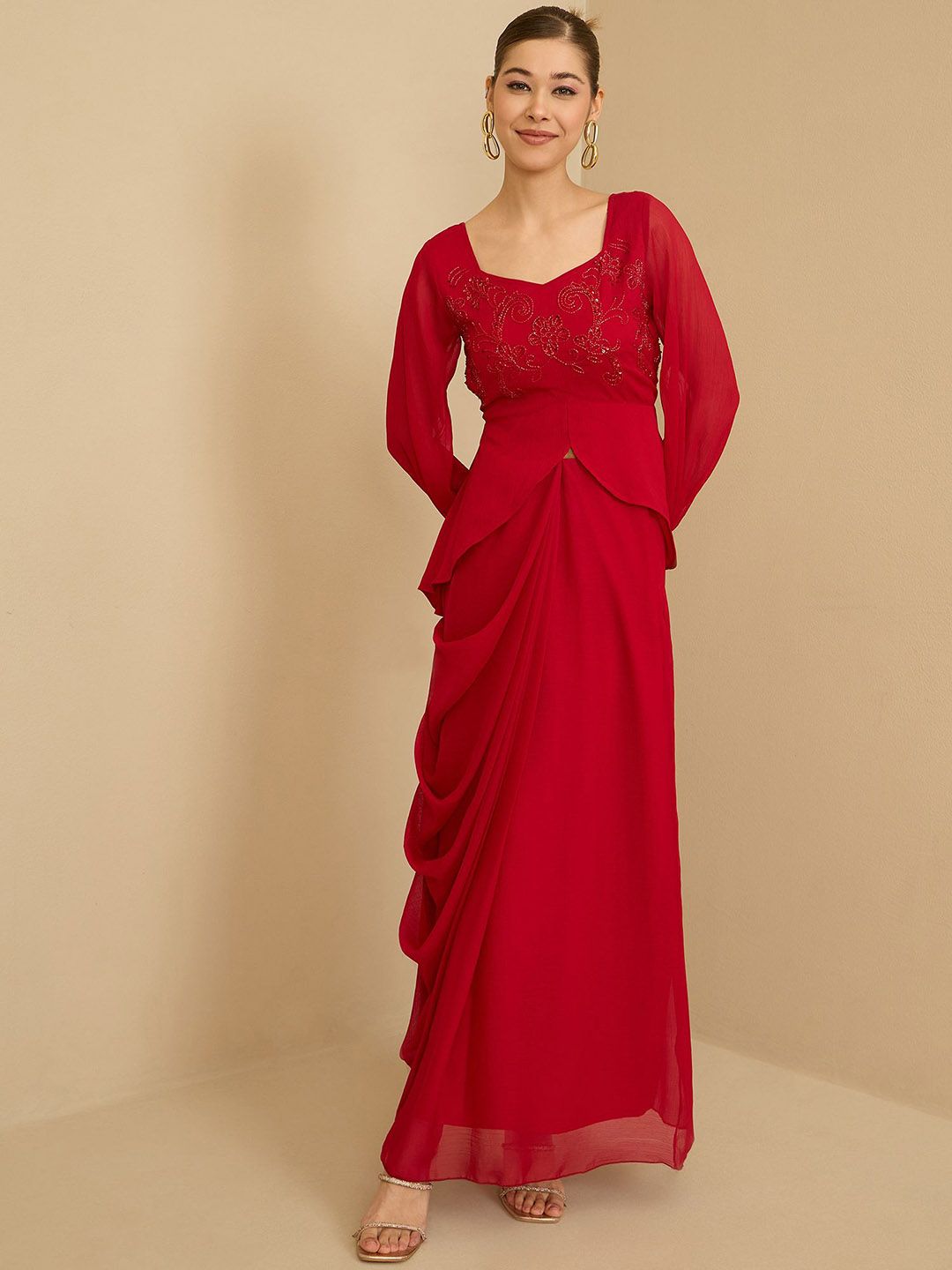 Antheaa Red Embellished Square Neck Top With Skirt