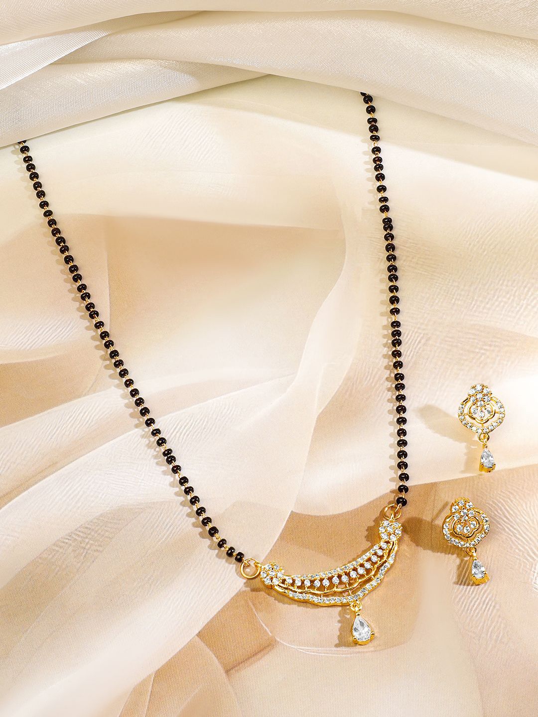 Rubans 18K Gold-Plated Zirconia Zirconia Studded Bar Curved With Black Beads Mangalsutra Set